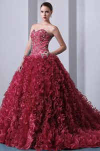 Ruffled and Beaded Dress for Quince with Sweetheart in Fuchsia for Fall