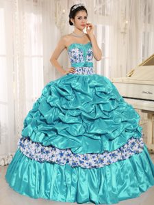 Sweetheart Printed Quinceanera Gowns with Beads and Pick-ups in Aqua Blue
