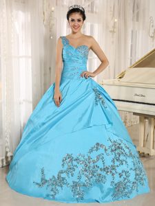 Best One Shoulder Dress for Quince with Appliques and Beading in Aqua Blue