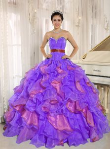 Sweetheart Ruffled Quinces Dress with Beads and Sash in Purple and Hot Pink