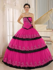 Hot Pink and Black Sweet Sixteen Quinceanera Dress with Flowers and Layers