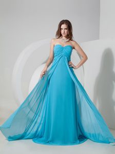 Sweet Aqua Blue Ruched Chiffon Prom Celebrity Dresses with Brush Train
