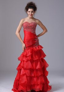 Luxurious Red Organza Long Spring Prom Evening Dress with Beading