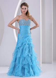 Sweetheart Beaded and Ruffled Baby Blue Fashionable Dress for Prom Court