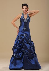 Navy Blue Lace-up Halter Top Classical Dress for Prom Queen with Appliques