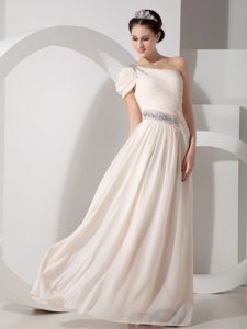 Luxurious Champagne One Shoulder Beaded Chiffon Prom Dress for Women