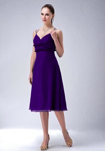 New Purple Zipper-up Tea-length Prom Celebrity Dress with Spaghetti Straps