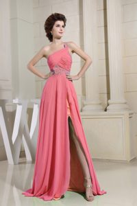 Watermelon One Shoulder Beaded and Ruched Prom Gowns with High Slit