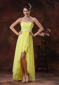 The Brand New Light Yellow High-low Prom Attire with Belt on Promotion