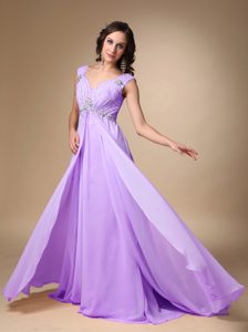 Lavender Empire Straps Court Train Prom Gowns with Beading