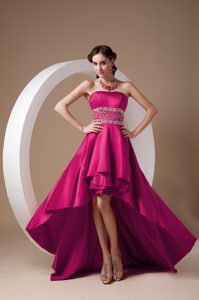 High-low Coral Red A-line Strapless Prom Dresses in Elastic Wove Satin
