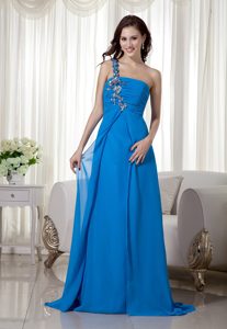 Blue Empire One Shoulder Appliqued Prom Dress for Petite Girl
