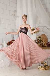 Peach Chiffon Pleated Informal Prom Dress with Appliques and Black Lace
