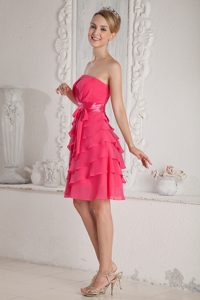 Inexpensive Hot Pink Strapless Chiffon Dress for Prom with Ruche and Sash