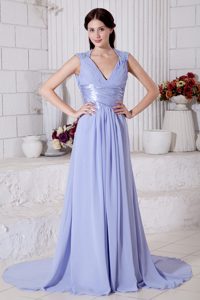Empire V-neck Chiffon Prom Dresses for Tall Girls with Beading in Lilac