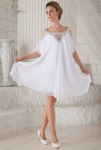 White Off The Shoulder Chiffon Beaded Prom Gown Dress to Knee-length