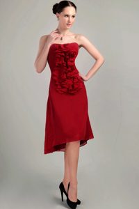 Nice Wine Red Strapless Asymmetrical Prom Dresses with Pleat