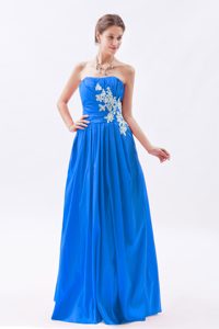 Blue Ruched Strapless Senior Prom Dress with Appliques to Floor-length