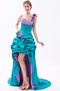 Teal and Lavender Beaded One Shoulder Prom Gowns with Handle Flowers