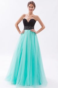 Black and Turquoise A-line Tulle Prom Gown with Beading and Sweetheart