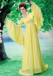 Beaded and Ruched Yellow Scoop Informal Prom Dress with Tall Sleeves