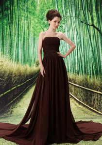 Beading Empire Brown Strapless Chiffon Prom Gown Dress with Watteau