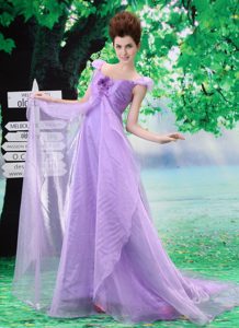 Off Shoulder Neckline Lavender A-line Organza Prom Gowns with Flowers
