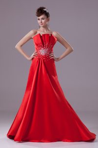 Special Strapless Beaded Sweep Train Prom Party Dresses with Ruffles Made in