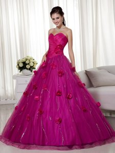 Sweetheart Fuchsia Tulle Quinceanera Dress Floral Embellishments A-line