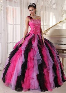 One Shoulder Ruffled Beading Organza Sweet Sixteen Dress in Multi-colore
