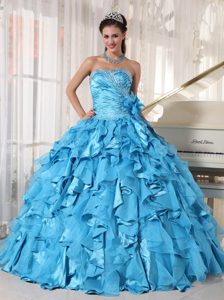 Beaded Teal Dresses for Quinceaneras with Ruffles and Handmade Flowers