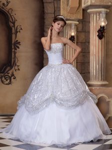 Sequin and Organza Strapless White Lace Up Quinceanera Dresses for 15