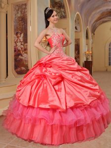 Trendy Coral Red Ball Gown One Shoulder Quinceaneras Dresses to Long