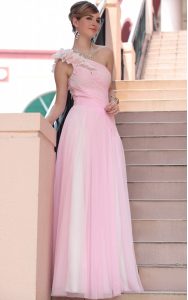Discount One Shoulder Sleeveless Chiffon Prom Party Dress Beading and Hand Made Flower Side Zipper