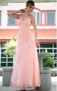 Baby Pink Zipper V-neck Beading Prom Evening Gown Chiffon Sleeveless