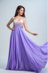 Captivating One Shoulder Lavender Sleeveless Chiffon Brush Train Backless Prom Evening Gown for Prom