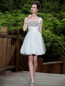 Extravagant Sleeveless Knee Length Beading Side Zipper Prom Party Dress with White