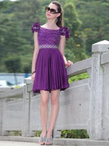 Exceptional Scoop Purple Sleeveless Beading and Hand Made Flower Knee Length Prom Dresses