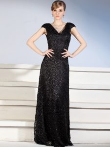 Fantastic Black Side Zipper V-neck Beading and Lace Dress for Prom Lace Cap Sleeves Brush Train