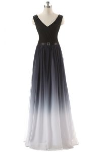 Comfortable Black Sleeveless Ruching and Belt Floor Length Evening Dress