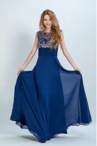 Scoop Floor Length Zipper Formal Evening Gowns Navy Blue for Prom and Party with Beading