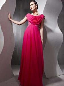 Dazzling Hot Pink Column/Sheath Scoop Cap Sleeves Chiffon Floor Length Side Zipper Beading and Ruching Evening Dress