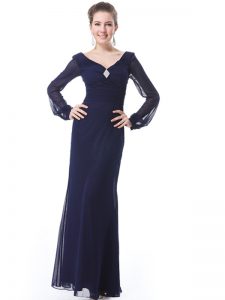 Decent Navy Blue Side Zipper Celebrity Prom Dress Ruching Long Sleeves Ankle Length