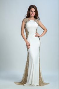 Inexpensive Sleeveless Chiffon and Tulle Floor Length Backless Mother Of The Bride Dress in White with Beading