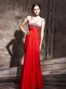 Coral Red Cap Sleeves Chiffon Backless Prom Dresses for Prom and Party