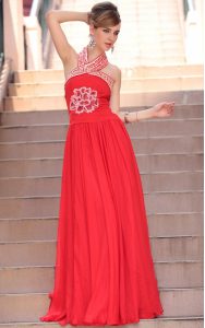 Elegant Coral Red A-line Chiffon Halter Top Sleeveless Embroidery Floor Length Side Zipper Womens Evening Dresses