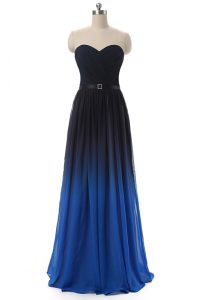 Floor Length Blue And Black Prom Evening Gown Chiffon Sleeveless Ruching and Belt