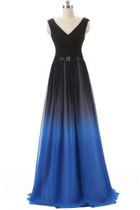 New Style Blue And Black Sleeveless Chiffon Brush Train Lace Up for Prom and Party
