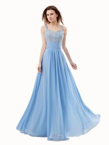 Flare Blue Prom Dress Prom and For with Beading Spaghetti Straps Sleeveless Side Zipper