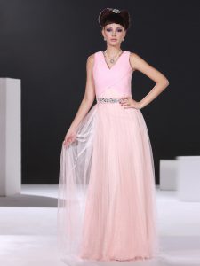 Top Selling Pink Side Zipper Prom Dresses Beading and Ruching Sleeveless Floor Length